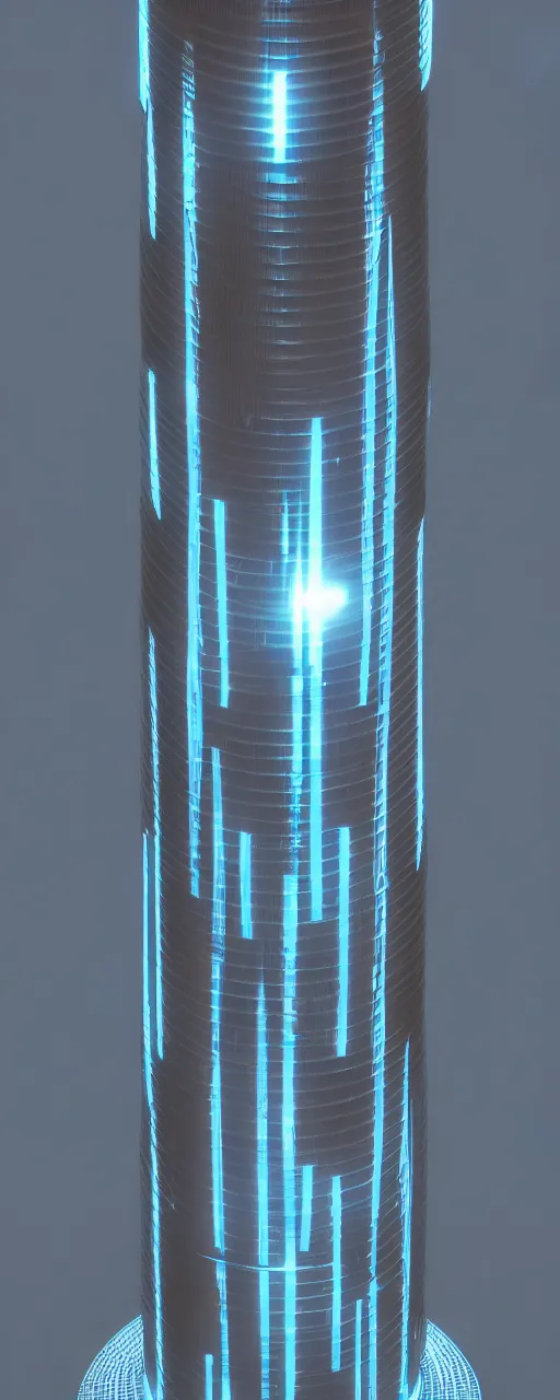 Prompt: 3 d sculpt environment building prop with a vertical light strip, star citizen, tron, halo, mass effect, elysium, the expanse, high tech industrial, artstation unreal of a technological device in the shape of an industrial cylindrical segmented stacked tower