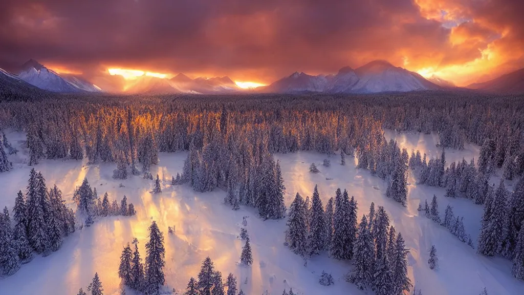 Prompt: amazing landscape photo of golden taiga in sunset by marc adamus, beautiful dramatic lighting