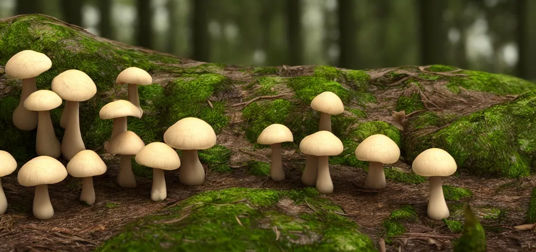 Prompt: 3 d study of a bunch of mushrooms in the forest, photorealistic, detailed, octane