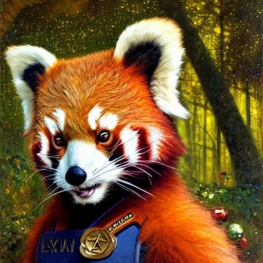 Image similar to a portrait of a male red panda in starfleet uniform at night in a dark forest. zootopia fursona furaffinity furry art detailed face painting by gaston bussiere craig mullins jc leyendecker gustav klimt artgerm greg rutkowski furry