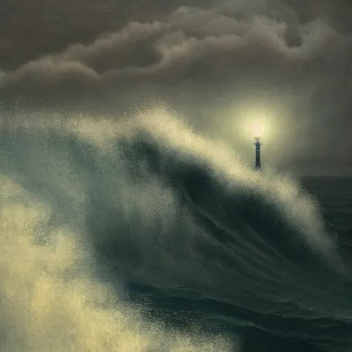 Image similar to 4k painting of a single lighthouse projecting light into a tumultuous ocean, huge waves,epic , trending on artstation, by WLOP and Rutkovsky, beksinski, intricate artwork by caravaggio, Unreal Engine 5, Lumen, Nanite , by Greg rutkowski, highly detailed , professionally post-processed , beautiful, scary, accurate features, epic, octane rendered, masterpiece, accurate