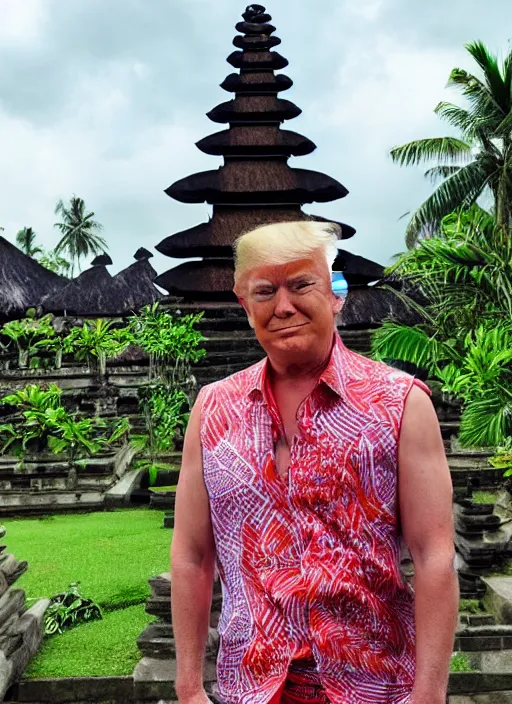 Prompt: donald trump wearing batik bali in bali. temple background. front view. instagram holiday photo shoot, perfect faces, corrected faces, 3 5 mm, award winning photography