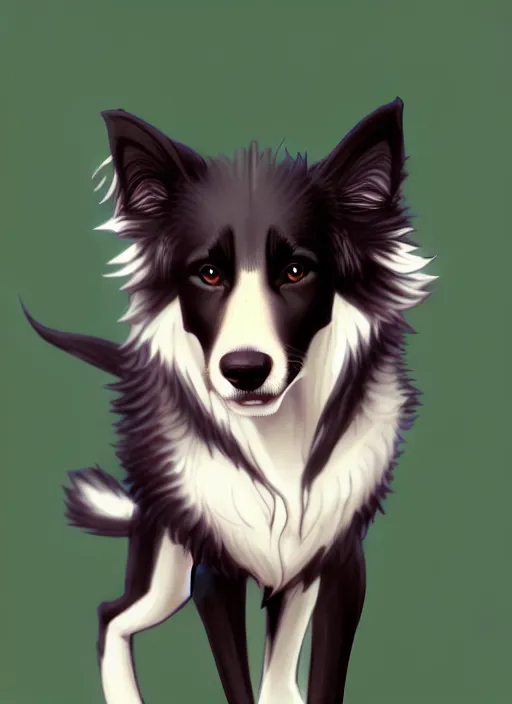 Image similar to wide angle beautiful full body portrait of a cute male bipedal border collie fursona posing in front of a park, character design by charlie bowater, henry asencio, and ross tran, furry art, furaffinity, beautiful, glamor pose, detailed, aesthetic, trending on artstation