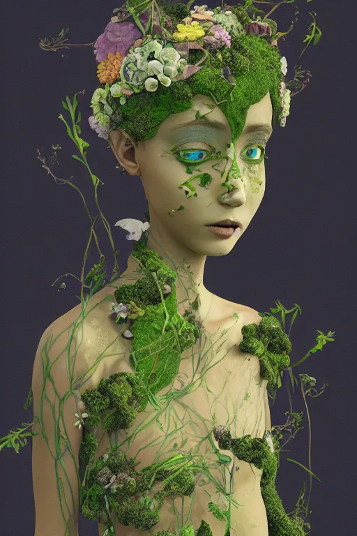 Image similar to nonbinary model, subject made of cracked clay, vine headdress, moss patches, 2 0 mm, with pastel yellow and green flowers bursting out, melting into oddish, delicate, beautiful, intricate, houdini sidefx, by jeremy mann and ilya kuvshinov, jamie hewlett and ayami kojima, bold 3 d