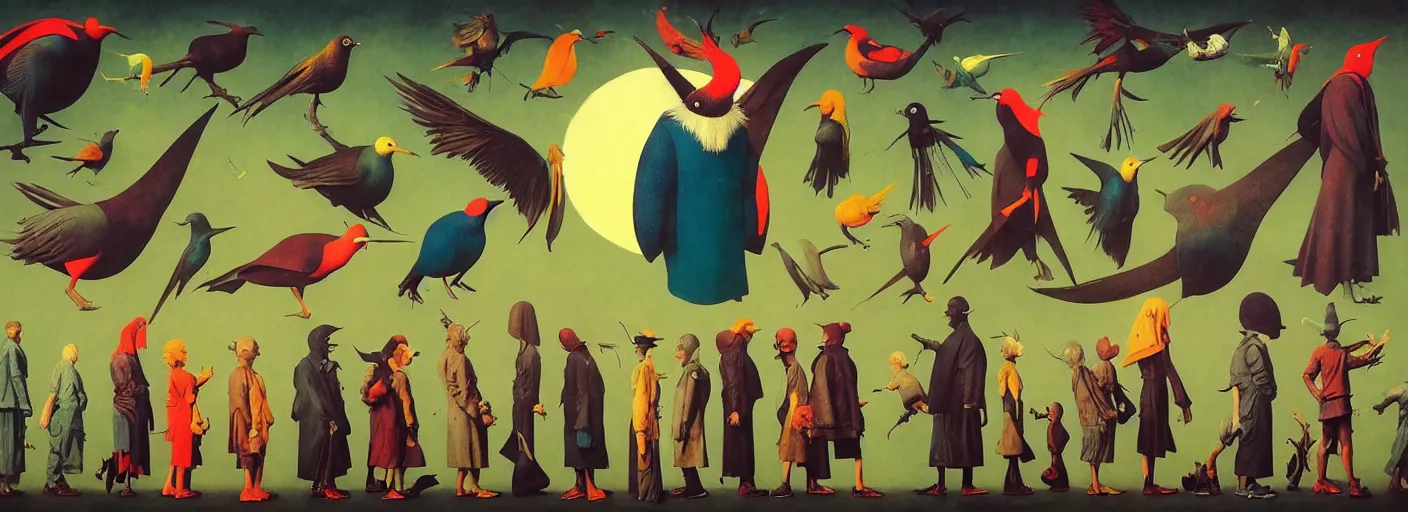 Prompt: full - body surreal colorful bird rpg character concept art anatomy, action pose, very coherent and colorful high contrast masterpiece by norman rockwell franz sedlacek hieronymus bosch dean ellis simon stalenhag rene magritte gediminas pranckevicius, dark shadows, sunny day, hard lighting, reference sheet white! background