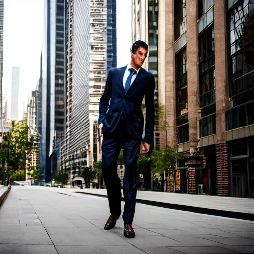 Image similar to portrait photograph of a very tall, elegantly dressed businessman walking through the city