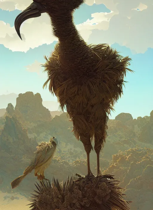 Image similar to A dodo bird perched atop a cactus in the desert, digital art, trending on Artstation, high detail, sharp focus, illustration, art by artgerm and greg rutkowski and alphonse mucha.