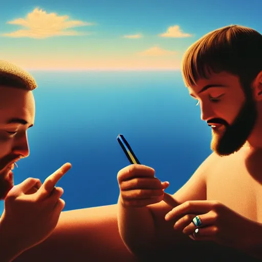 Image similar to a ultra detail picture portrait of Mac Miller and Jesus smoking a joint in heaven, 8k, photorealistic