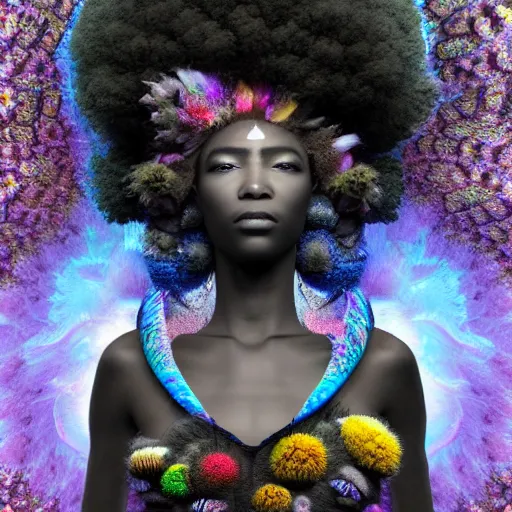 Image similar to african shaman with an afro made of flowers, third eye art art by machina infinitum, complexity from simplicity, rendered in octane, mandelbulb 3 d, ambient occlusion, macro photography, black opal