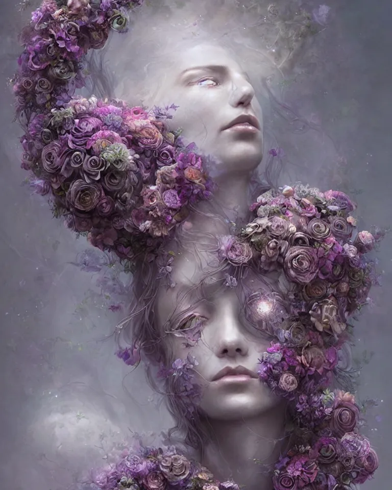 Prompt: a sculpture of interlaced gorgeous etherial females, made of mist, made of flowers, a digital painting by Andrew Ferez, Charlie Bowater, Marco Mazzoni, Seb McKinnon, Ryohei Hase, trending on cgsociety, featured on zbrush central, new sculpture, mystical