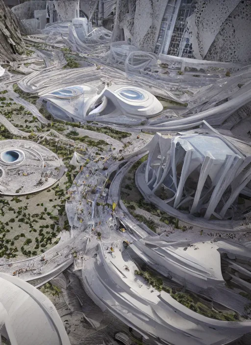 Image similar to bioremediation white mining tailing futuristic architecture in chuquicamata, epic, cinematic, hyperealistic, high detailed, corona render, hdr, ray tracing