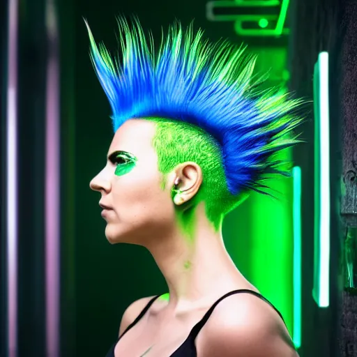 Prompt: a portrait of a somber women with a bright green mohawk, cyberpunk