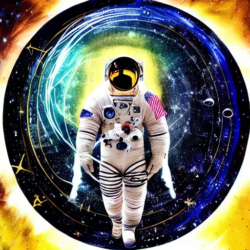 Image similar to double exposure portrait of astronaut and another astronaut with space and time in the the background by davinci, circles, psychedelic, pencil art, high definition, dynamic lighting stars, sharpness, golden ratio