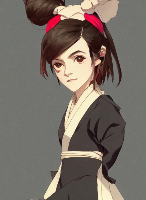 Image similar to emma watson as nezuko Kamado from demon slayer anime ねずこ nezuko from demon slayer anime ねずこ nezuko from demon slayer anime ねずこ wearing kimono wrapped mouth by artgem by greg rutkowski trending on artstation