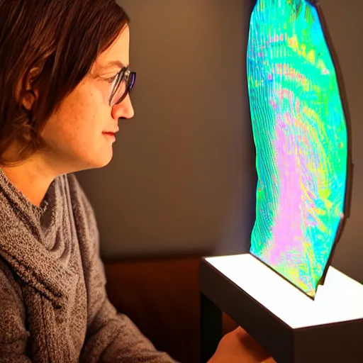 Prompt: woman interacting with small holographic computer display floating in front of her face