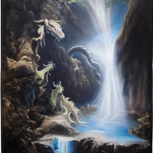 Image similar to oil painting of a dragon flying in the air near a cave with a waterfall in the center, light emanating from the waterfall leading to a big pool of water, dragon has black and white siberian tiger stripes, elegant, sharp focus, wide shot, clear, detailed, early renaissance