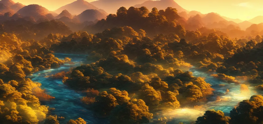 Image similar to epic view of beautiful ancient japanese valley at sunset, clear skies, winding rivers, there are hills in the far background distance, unreal engine, dramatic lighting, detailed, ambient occlusion, global illumination, god rays, 3 d artstation render by greg rutowski and jessica rossier