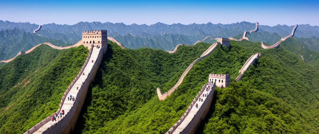 Prompt: the great wall of china holding the ocean, aerial view