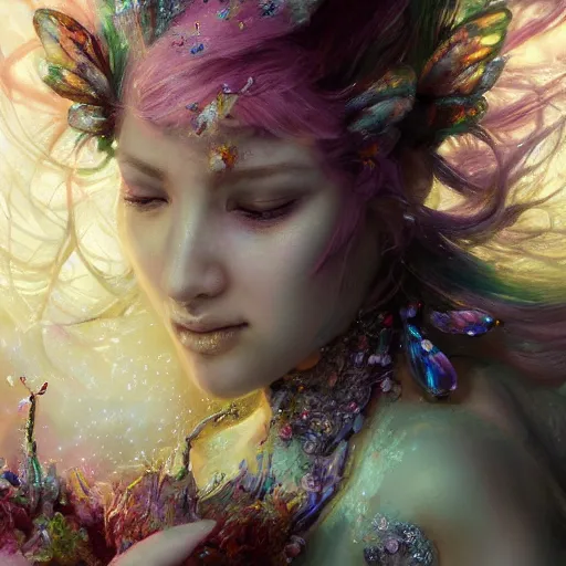 Prompt: face closeup of magical fairy flowers and ice velvet, vgbftk, 1 1 1 1, diamonds, angels, 3 d render, hyper - realistic detailed portrait, holding fire and electricity rainbow, ruan jia, wlop. scifi, fantasy, magic the gathering, hyper detailed, octane render, concept art, peter mohrbacher c 2 0