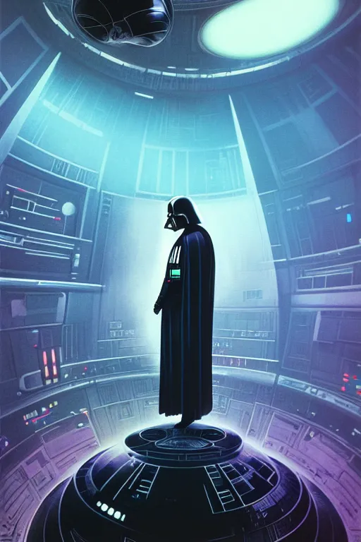 Prompt: darth vader dj standing on a giant science fiction turntable at a rave on the deathstar, syd mead, dynamic lighting, digital art, winning award masterpiece, fantastically beautiful, illustration, aesthetically inspired by beksinski and dan mumford, moebius, trending on artstation, art by greg rutkowski, 8 k