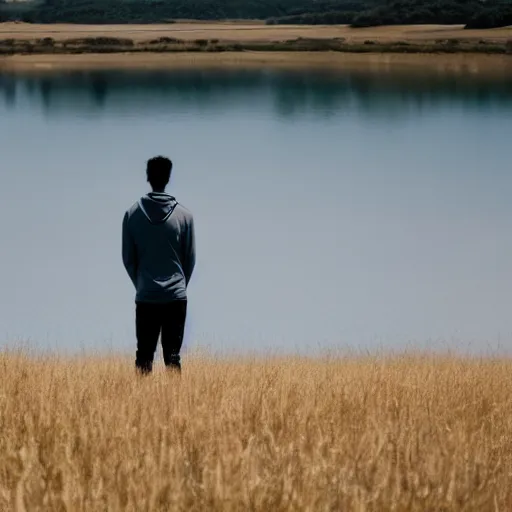 Prompt: an extreme wide shot of a man standing in a field of dead grass wearing a pale pink hoodie next to a lake