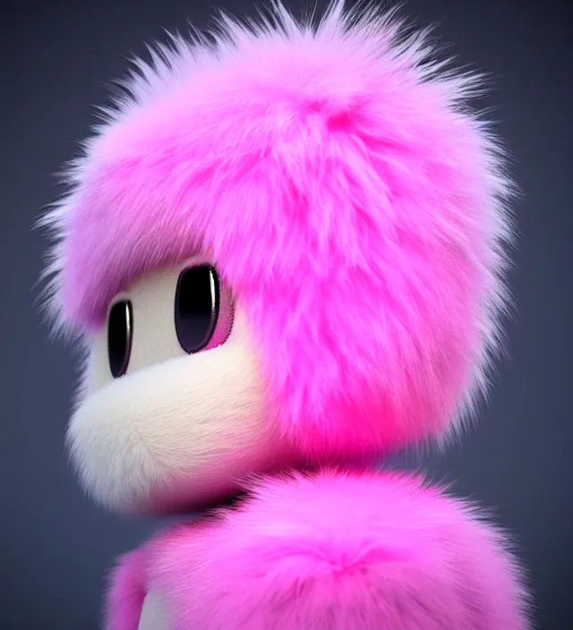 Image similar to high quality 3 d render hyperrealistic very cute small pink robot, plush mascot, short spiky dense fluffy smooth hair, photo from the side, pink fluffy fur, 1 5 0 mm, beautiful natural soft light, rim light, smooth background, artstation, ultra detailed, elegant, ultra detailed, metallic armor, octane render