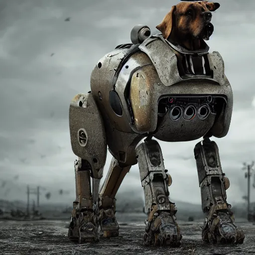 Image similar to A rundown large Dog robot, uncaring, bleak tone, post apocalyptic, Nuttavut Baiphowongse, Mark Armstron, amad, rendered by octane, 8k, ultra 8k, hyper realistic, photorealistic, photo