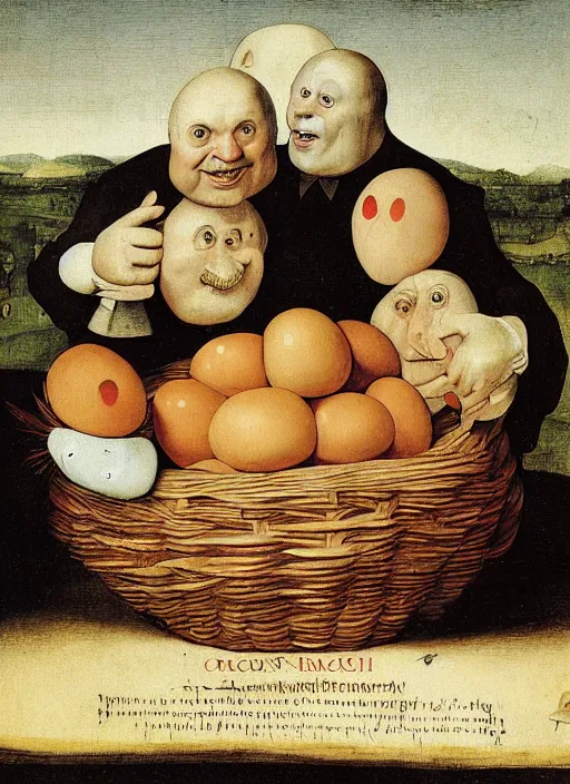 Image similar to carton of gregs'eggs with silly round humpty dumpty jack black facial expressions, realistic, by hieronymus bosch and pieter brueghel