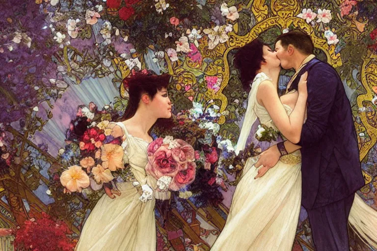 Image similar to the groom kisses the bride at a wedding full of flowers, bright and happy, dreamlike art, highly detail, 4 k realistic, wedding photoy krenz cushart. artem demura. alphonse mucha. yoji shinkawa artgerm. jon lothian. danilo torres. adi meyers. thomas reimann. gaston bussiere.