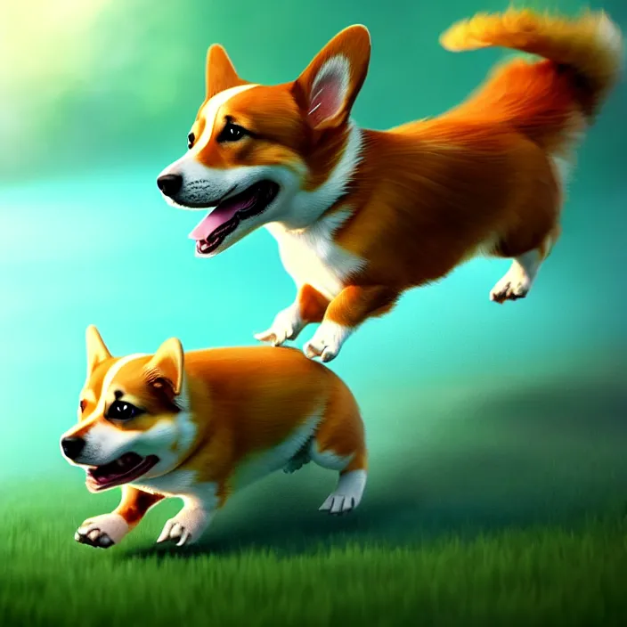 Prompt: epic professional digital art of a corgi chasing a frog, best on artstation, cgsociety, wlop, Behance, pixiv, cosmic, epic, stunning, gorgeous, much detail, much wow, masterpiece by Dorian Cleavanger and Stanley Lau