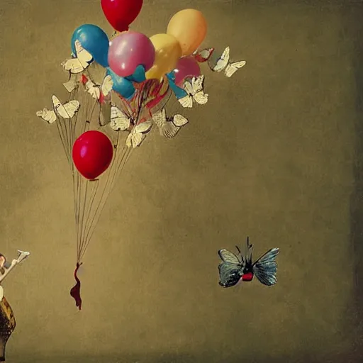 Prompt: 7 0 mm movie camera and balloons with butterflies for strings, happy birthday, painting by ray caesar on aged parchment