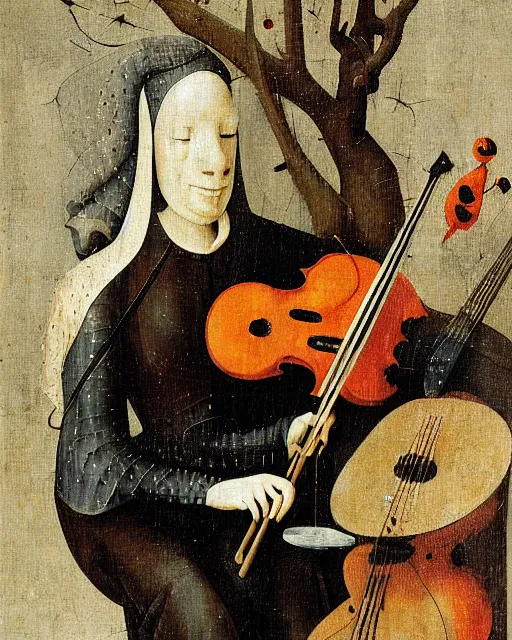 Prompt: a female cellist by Hieronymous Bosch
