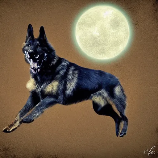 Image similar to Cosmonaut German Shepard flying on a rocket, Digital art,