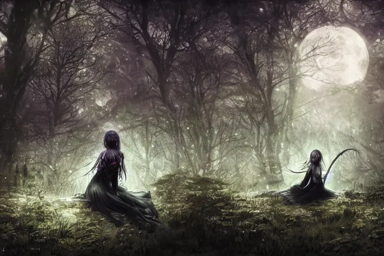 Image similar to goth woman in a moonlight view, in a forest, a river, tankoban, 4 k, tone mapping, akihiko yoshida, james jean andrei riabovitchev marc simonetti, yoshitaka amano, long hair, curly, h. hydrochaeri