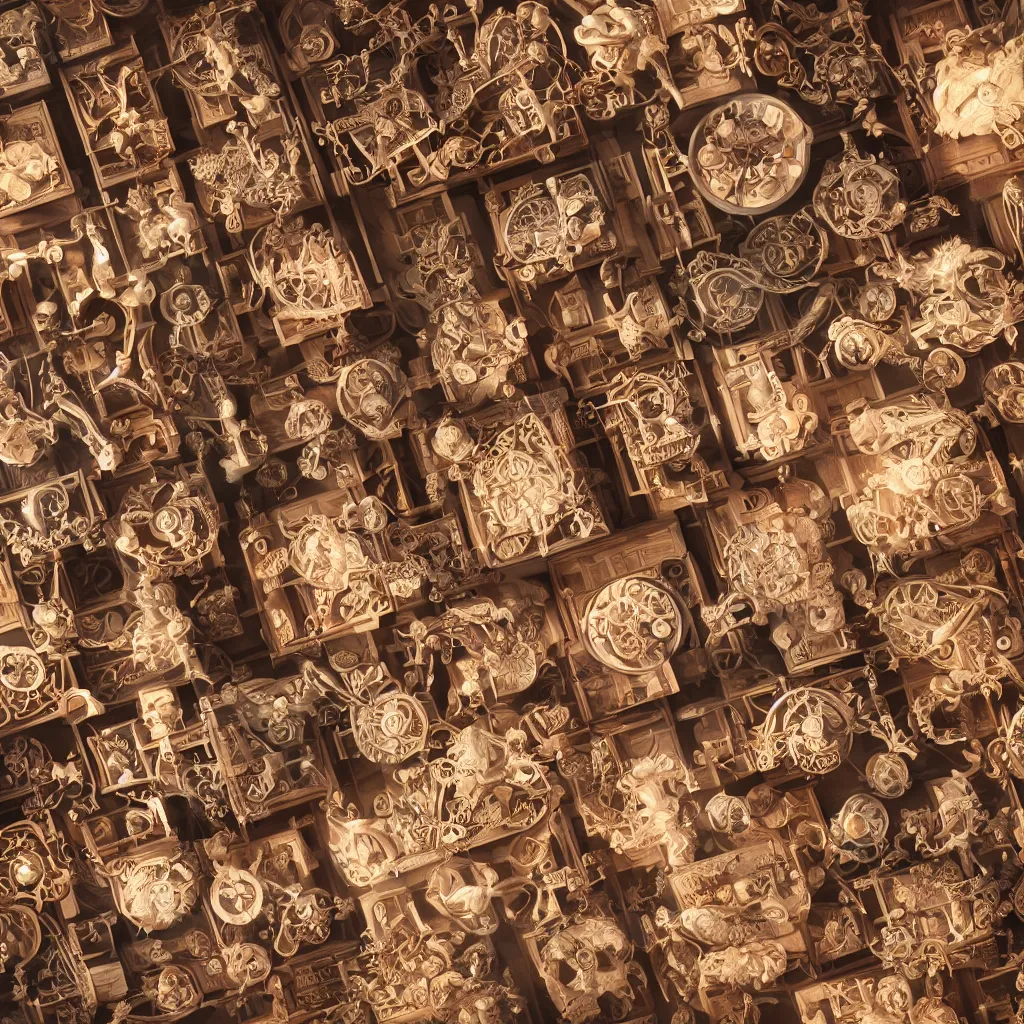 Image similar to a collection of victorian automatons, inside different color wooden boxes. top down photo, close macro photo. cinema 4d render , studio photo, 8k