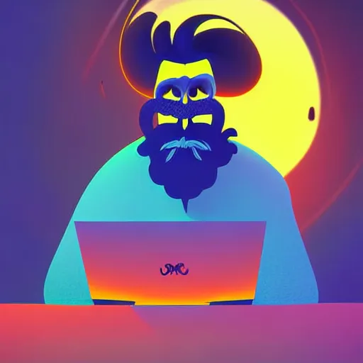 Image similar to curled perspective digital art of curly grey hair bearded man using a computer by anton fadeev from nightmare before christmas