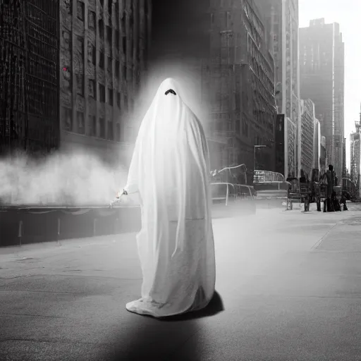 Prompt: ghost under a sheet smoking a cigarette, haunting a NYC sidewalk, trending on artstation, 8k, 4k, volumetric lighting, award-winning, cinematic composition, hd, spooky