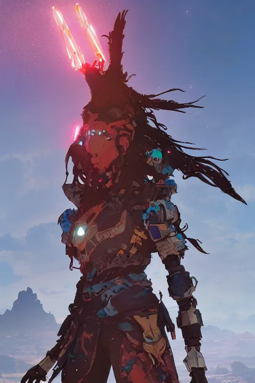 Image similar to combination suit armor aloy horizon forbidden west horizon zero dawn robot ninja mask helmet backpack tribal, aesthetic octane render, 8 k hd resolution, by ilya kuvshinov and cushart krentz and gilleard james radiating a glowing aura cgi rtx 2 0 2 2