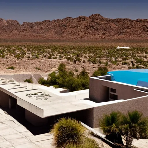 Image similar to brutalism conceptual hotel in the desert, biophilia mood, pool, garden, highly detailed, cinematic, photorealistic,