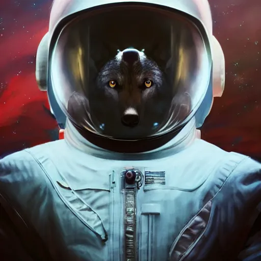 Image similar to A portrait of an anthropomorphic wolf in an astronaut suit by Vincent DiFate, Greg Rutkowski, cinematic 8k trending on artstation, anthro wolf astronaut