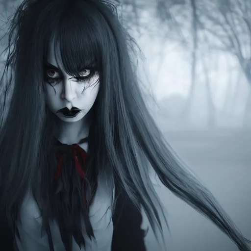 Prompt: full shot portrait of angry darkness anime girl, gothic wearing, worrying eyes, inspired by Tim Burton, detailed, unreal engine 4k volumetric light, dense fog,