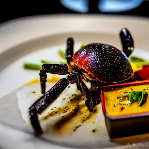 Image similar to photography of meal from kapla 3 8 6, speciality of giant spider hunter, michelin star restaurant