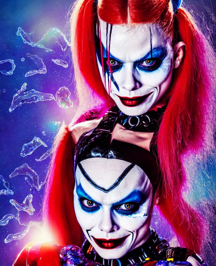 Image similar to Ornella Muti as Harley Quin (The Suicide Squad), epic angle and pose, symmetrical artwork, 3d with depth of field, blurred background, cybernetic jellyfish female face skull phoenix bird, translucent, nautilus, energy flows of water and fire. a highly detailed epic cinematic concept art CG render. made in Maya, Blender and Photoshop, octane render, excellent composition, cinematic dystopian brutalist atmosphere, dynamic dramatic cinematic lighting, aesthetic, very inspirational, arthouse. y Greg Rutkowski, Ilya Kuvshinov, WLOP, Stanley Artgerm Lau, Ruan Jia and Fenghua Zhong