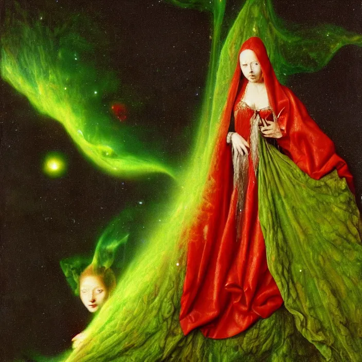 Image similar to a closeup portrait of a cloaked woman floating next to a green - horned goblin monster nebula, green - horned goblin monster nebula, by jan van eyck