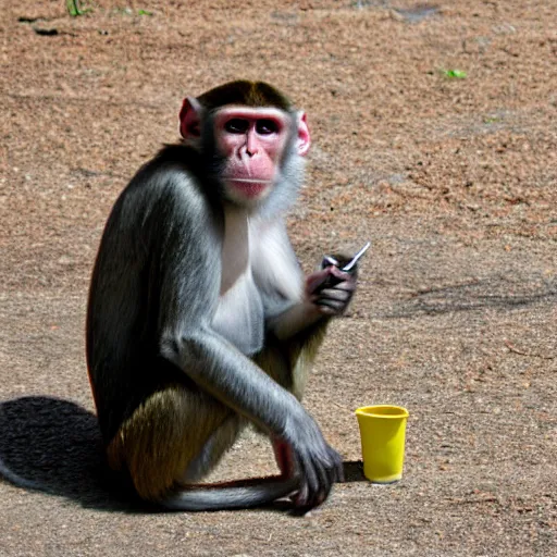 Prompt: Monkey in work uniform taking a lunch break, ultra realistic, canon camera