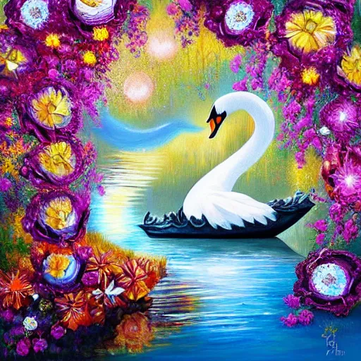 Prompt: Fantasy Swan Boat adorned in Diamonds and Flowers DayDream Painting