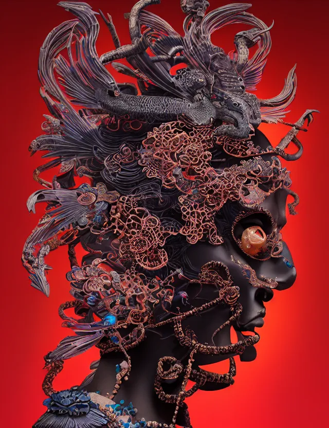 Image similar to 3 d goddess of hell close - up profile portrait with ram skull. beautiful intricately detailed japanese crow kitsune mask and clasical japanese kimono. betta fish, jellyfish phoenix, bio luminescent, plasma, ice, water, wind, creature, artwork by tooth wu and wlop and beeple and greg rutkowski