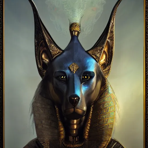 Image similar to portrait of anubis, intricate artwork, concept art, octane render, deviantart, cinematic, key art, hyperrealism, iridescent accents, portrait photograph, nikon 3 5 mm, photograph by greg rutkowski