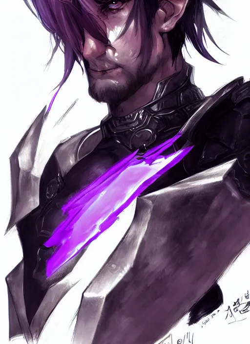 Prompt: Half body portrait of a handsome elven aristocrat with short hair wearing purple heavy armor. In style of Yoji Shinkawa and Hyung-tae Kim, trending on ArtStation, dark fantasy, great composition, concept art, highly detailed, dynamic pose.