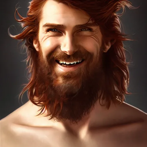 Image similar to portrait of a young ruggedly handsome but joyful pirate, male, masculine, upper body, crimson hair, long hair, d & d, fantasy, giddy smirk, intricate, elegant, highly detailed, digital painting, artstation, concept art, matte, sharp focus, illustration, art by artgerm and greg rutkowski and alphonse mucha